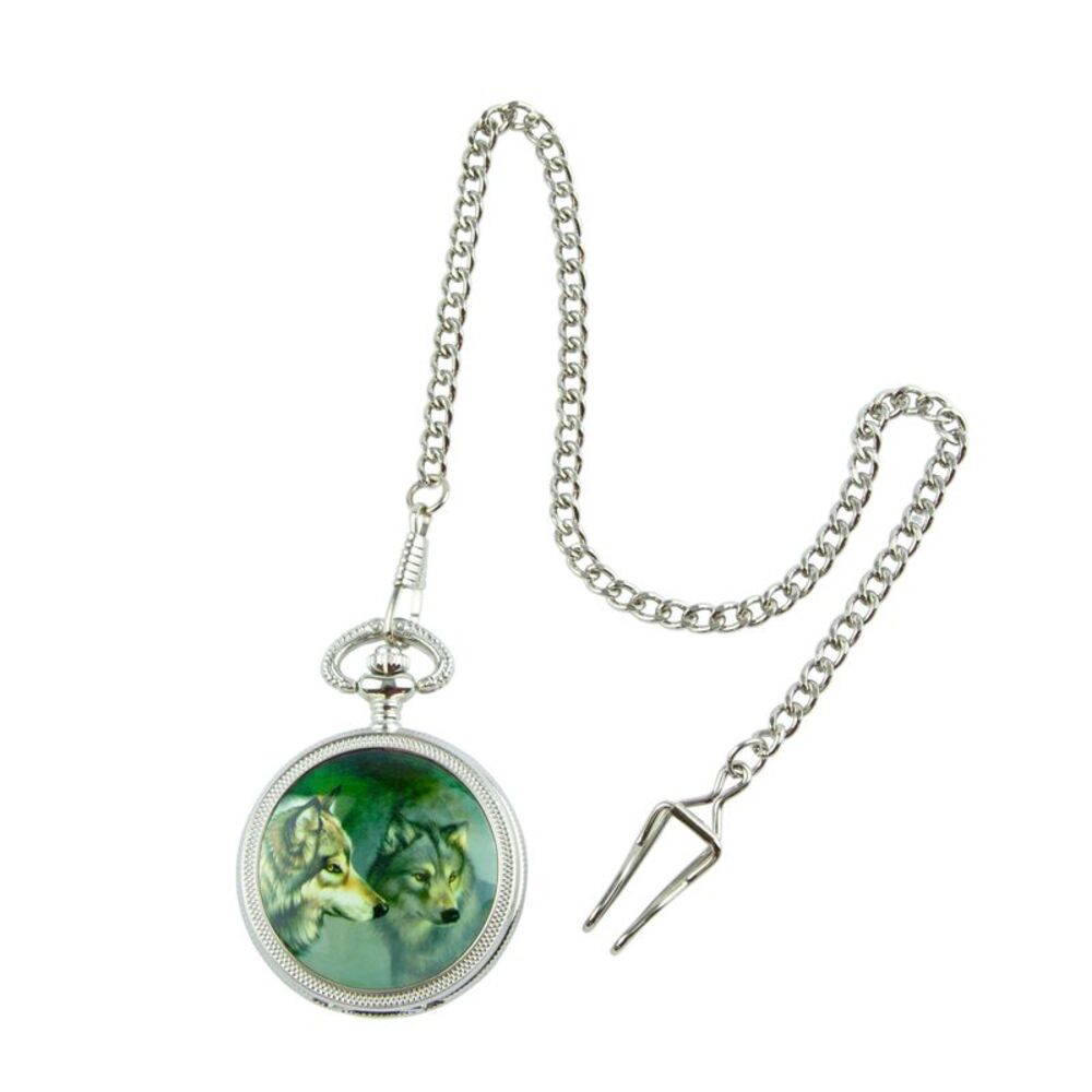 Men's Wolf Embossed Pocket Watch with 13-inch Chain in Polished Silver